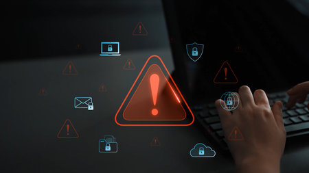 Cybersecurity threat alert protects data. Cyber security threat alert prevents access, alert warns breach, defends system, and cyber security threat alert identifies risk.の写真素材