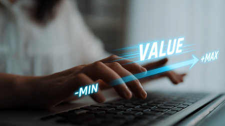 Value measurement and adjustment concept showing value, performance, and optimization level with focus on data analytics, calibration, and improvementの写真素材