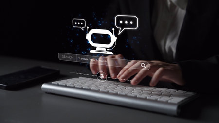 AI assistant with voice chat interface, combining smart chatbot, voice command, and AI-powered control search tools. Agentic AI assistant helps users search and chat naturally.の写真素材