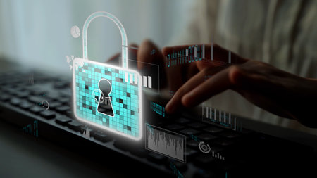 Cyber security protection and cyber security strategies against cyber threats, system hacks, digital breaches, network attacks, and safeguarding data with strong cyber security infrastructure. Thunkの写真素材