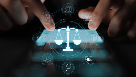 Justice system ensures legal governance and fairness. Justice system protects rights, system upholds laws, justice ensures order, and justice system delivers judgment.の写真素材