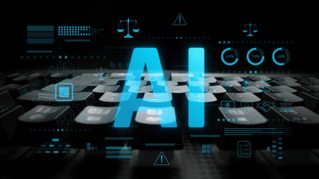 AI circuit microchip with glowing blue lines, surrounded by legal scales, warning symbols, data...