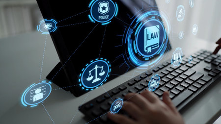 Law icons illustrate justice, court, and regulation system. Law represents fairness, law supports...