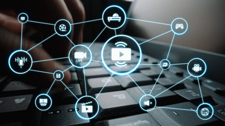 Multimedia technology with video, audio, photo and streaming icons representing digital media,...