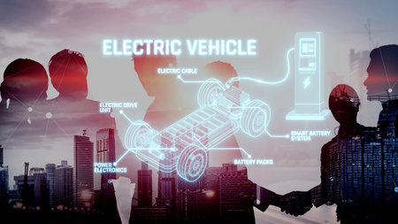 Structure of electric car showing battery system, traction motor, control units, and charging station for understanding EV functionality and energy flowの写真素材