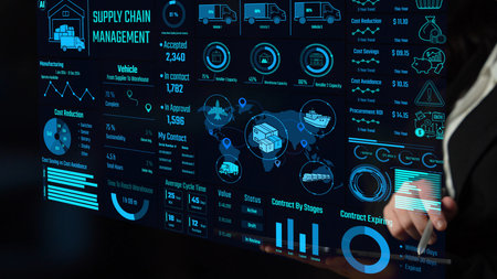 Supply chain management interface showing delivery routes, warehouse efficiency, cost savings, vehicle tracking, procurement ROI, and contract stages. Futuristic supply chain monitoring system. Thunkの写真素材
