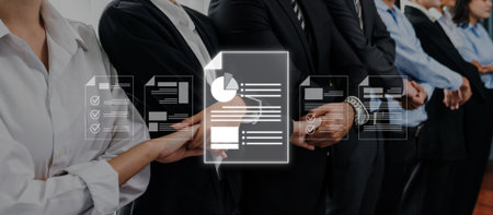 A diverse group of professionals stands in line, embodying team collaboration, while overlaid...