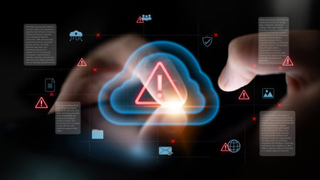 Cloud computing with alert icons and security elements, representing real-time threat detection, risk prevention, and digital infrastructure protection Parseの写真素材