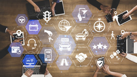 Online car rental service with booking, GPS, key handover and vehicle sharing icons representing...