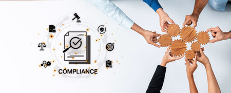 Concept of corporate compliance and risk management. Adhering to legal regulations and internal policies through systematic audits and process verification for business integrity.の写真素材