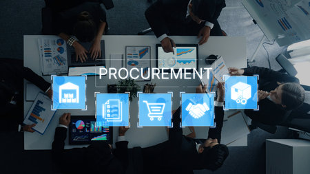 The business procurement process for strategic sourcing. This includes purchasing, supply chain management, contract negotiation, and logistics from warehouse to delivery.の写真素材