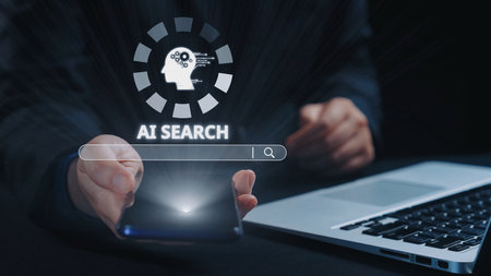 AI search engine systems enhance SEO data access. Intelligent search engines powered by AI improve search results. AI-driven search tools help process and retrieve relevant AI information.の写真素材