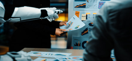 A modern office setting highlights a robotic arm assisting in a business meeting by presenting data...