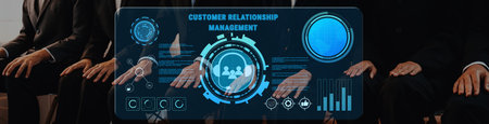 A modern business meeting scene featuring a digital interface highlighting customer relationship...