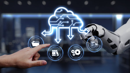 A futuristic concept illustrating a robotic hand and a human finger interacting with cloud computing...