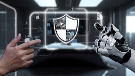 This image showcases a robotic hand pointing towards a digital shield icon, symbolizing advanced...