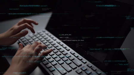 A close-up image of hands typing on a sleek computer keyboard, surrounded by dynamic data visuals,...