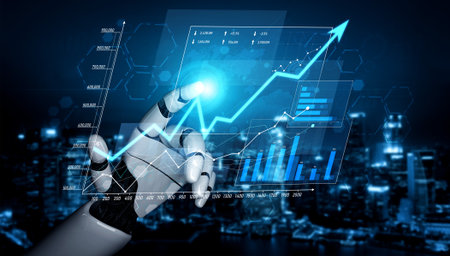 A robotic hand interacts with a digital graph, showcasing growth and data analysis, set against a...