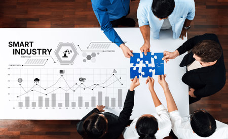Engaging team of professionals collaborating in a smart industry meeting, piecing together ideas...