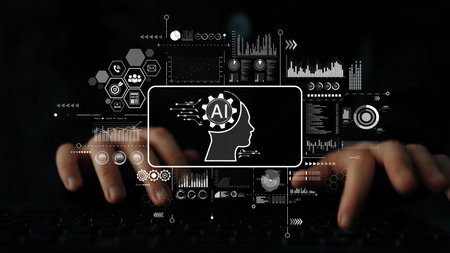 Futuristic Concept of Artificial Intelligence with Data Visualization and Hands Typing on Keyboard...