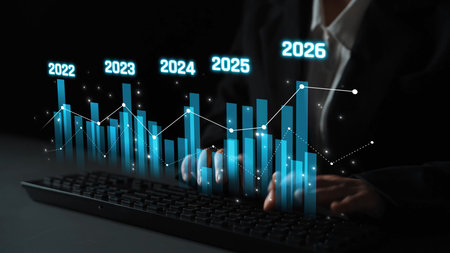 Business bar chart and line graph showing yearly business growth from 2022 to new year 2026, represent data analytics, future 2026 planning, business 2026 trend, and performance analysis 2026の写真素材