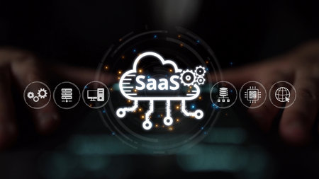 Visual representation of SaaS showing infrastructure, SaaS deployment, SaaS platform features, and SaaS integration model in digital environment.の写真素材
