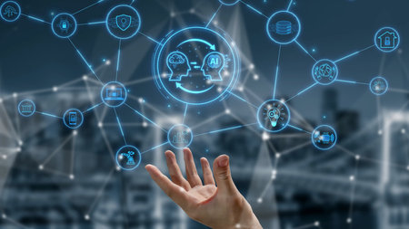 AI collaboration enhances connected intelligence through robotics, data, and cloud. AI collaboration enables learning, AI collaboration powers systems, and AI collaboration drives automation.の写真素材