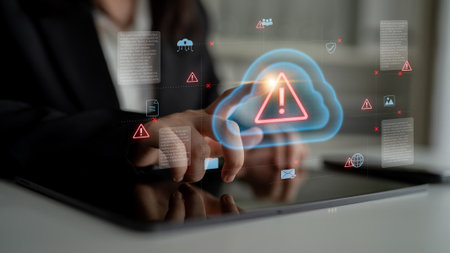 Cloud computing with alert icons and security elements, representing real-time threat detection, risk prevention, and digital infrastructure protection Parseの写真素材