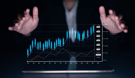A business professional presents a digital interface showing financial growth with graphs and...