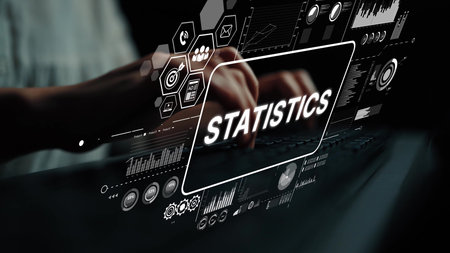 Modern Data Analysis Concept with User Typing on Keyboard Surrounded by Visual Statistics and...