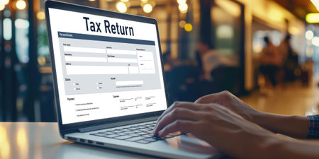 Online tax return form for submitting individual income tax return form brisk on the internet website. Government web for tax payment and return. Taxation technology concept.の素材