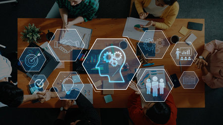 A dynamic brainstorming session in a modern workspace where a diverse team collaborates using digital tools and data visuals to foster creativity and innovation. Rasterの写真素材