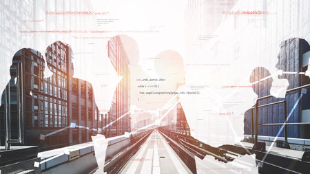This abstract image illustrates business professionals engaging in communication, set against a backdrop of futuristic architecture and digital data streams.の写真素材