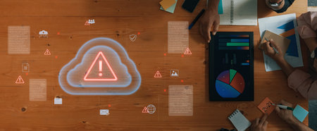 Cloud computing with alert icons and security elements, representing real-time threat detection, risk prevention, and digital infrastructure protection Parseの写真素材