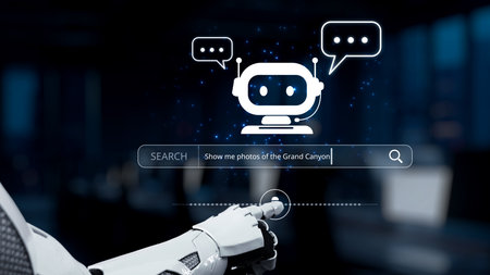 A close-up view of a robotic hand poised to interact with a digital search bar, illustrating the...
