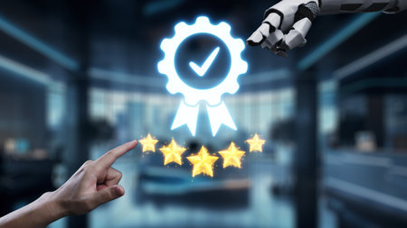A robotic hand interacts with a digital award featuring stars and a checkmark, representing quality and achievement in a modern office environment, highlighting innovation.の写真素材