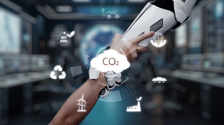 A close-up of a robotic arm reaches towards digital icons focused on sustainability and technology, highlighting efforts for reducing carbon emissions in a modern control room.の写真素材