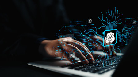 A captivating digital scene showcasing a person typing on a laptop with a visual representation of a...