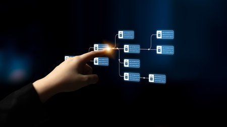 Blockchain structure showing distributed data blocks linked with encryption, representing secure...