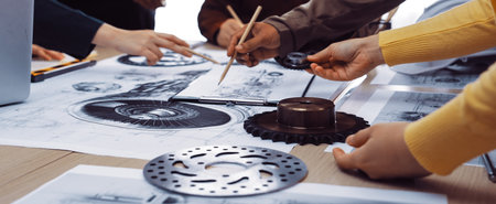 A diverse group engages in a collaborative design meeting, analyzing sketches and mechanical components on the table, promoting teamwork and innovation in engineering projects.の写真素材
