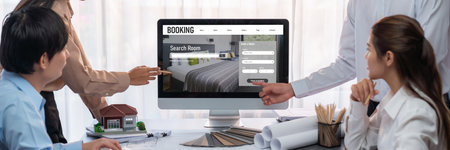 Online hotel accommodation booking website provide brisk reservation system . Travel technology concept .の写真素材