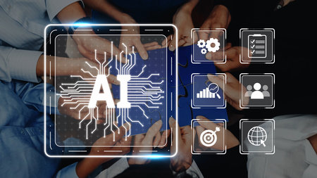 Teams collaborate around digital interfaces showcasing artificial intelligence concepts. This image...