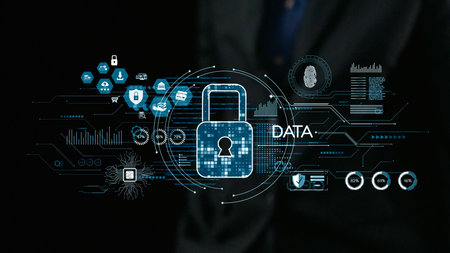 This image illustrates a digital lock representing data protection with various icons symbolizing...