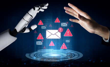 An AI assistant provides a real-time security warning for email threats. The automated system detects a potential phishing attack or malware, protecting communication and data.の写真素材