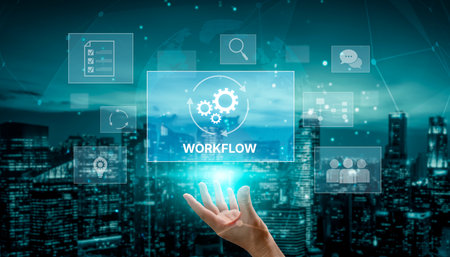 Workflow optimization concept featuring interconnected gears, task management, collaboration,...