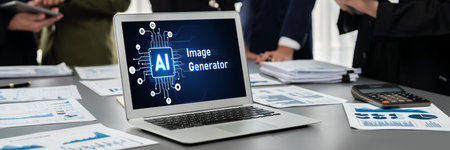 Panorama shot analyst team utilizing BI to analyze financial report with laptop. Businesspeople analyzing BI data dashboard displayed on laptop screen for business insight.の写真素材