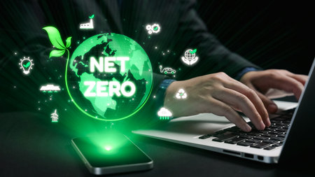A close-up photo of hands typing on a laptop, featuring a digital globe that represents net zero emissions, highlighting sustainability and environmental accountability for future generations.の写真素材