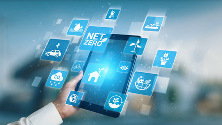 Net zero and sustainability concepts with environmental balance, digital sustainability icons, green...