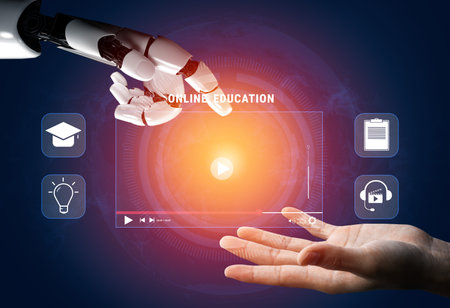 An AI powered online education and e-learning platform. A concept of personalized video courses and adaptive learning in a virtual classroom. Motifの写真素材