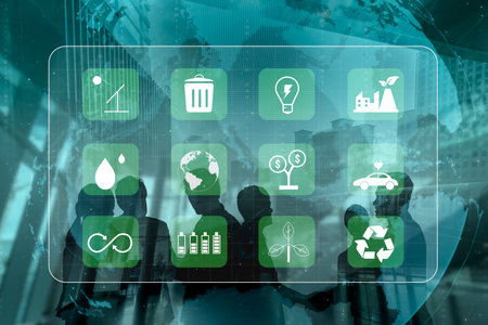 A collection of icons for green energy and sustainability. Symbols for environmental protection, renewable resources, and eco friendly technology. Motifの写真素材